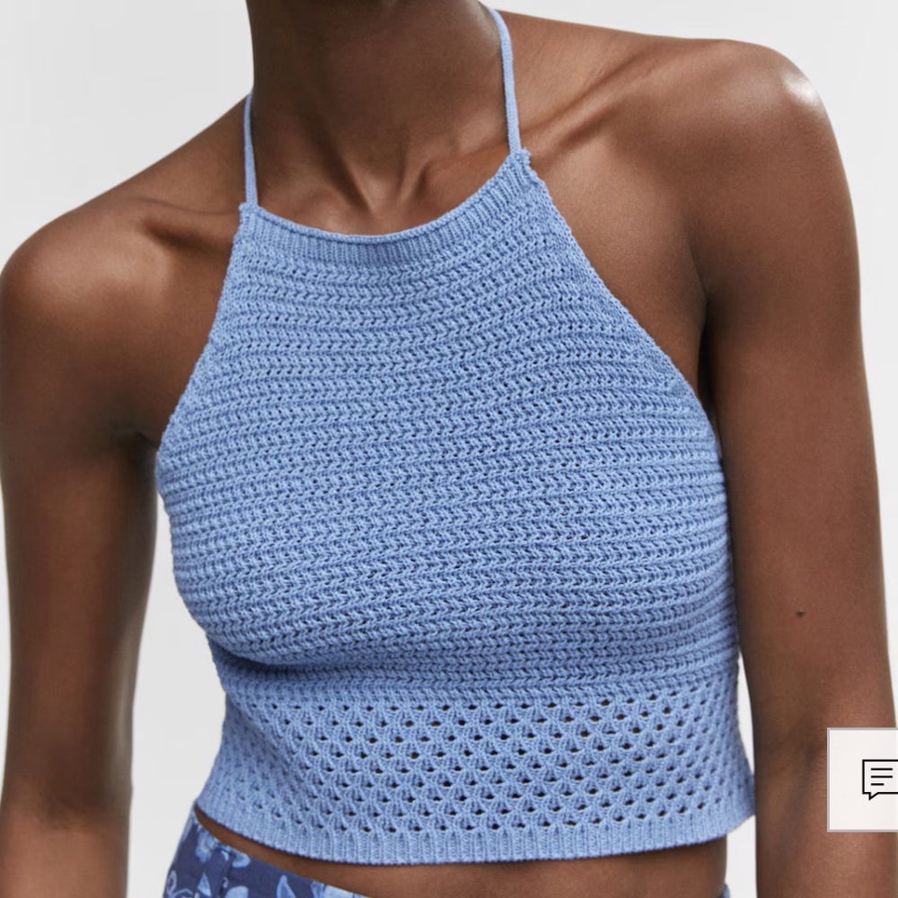 Mango Light Blue Crochet Halter Crop Top
